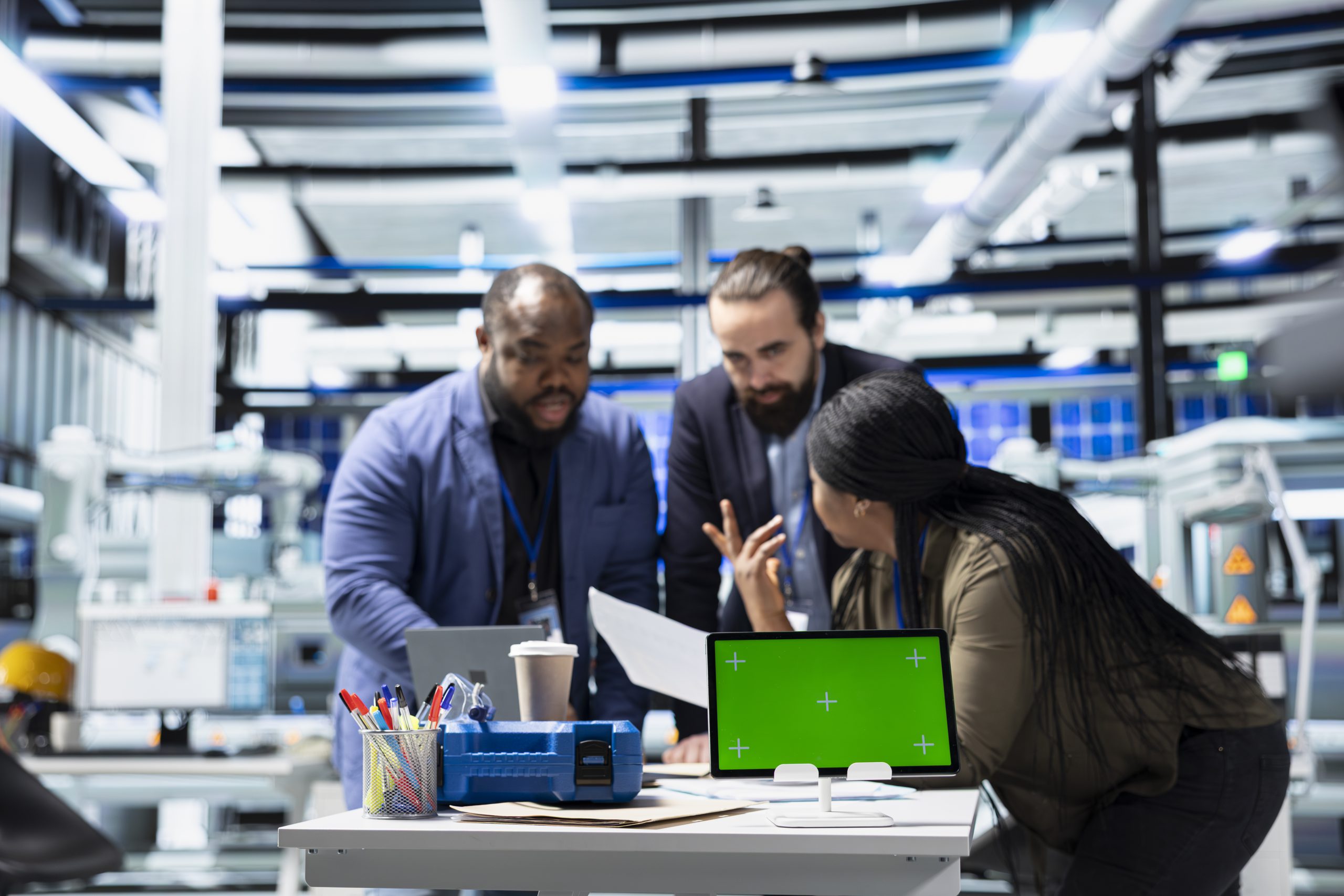 Multiethnic energy specialists coordinates activity next to chroma key, taking quality control measures in a solar tech facility. Corporate oversight and industrial execution.