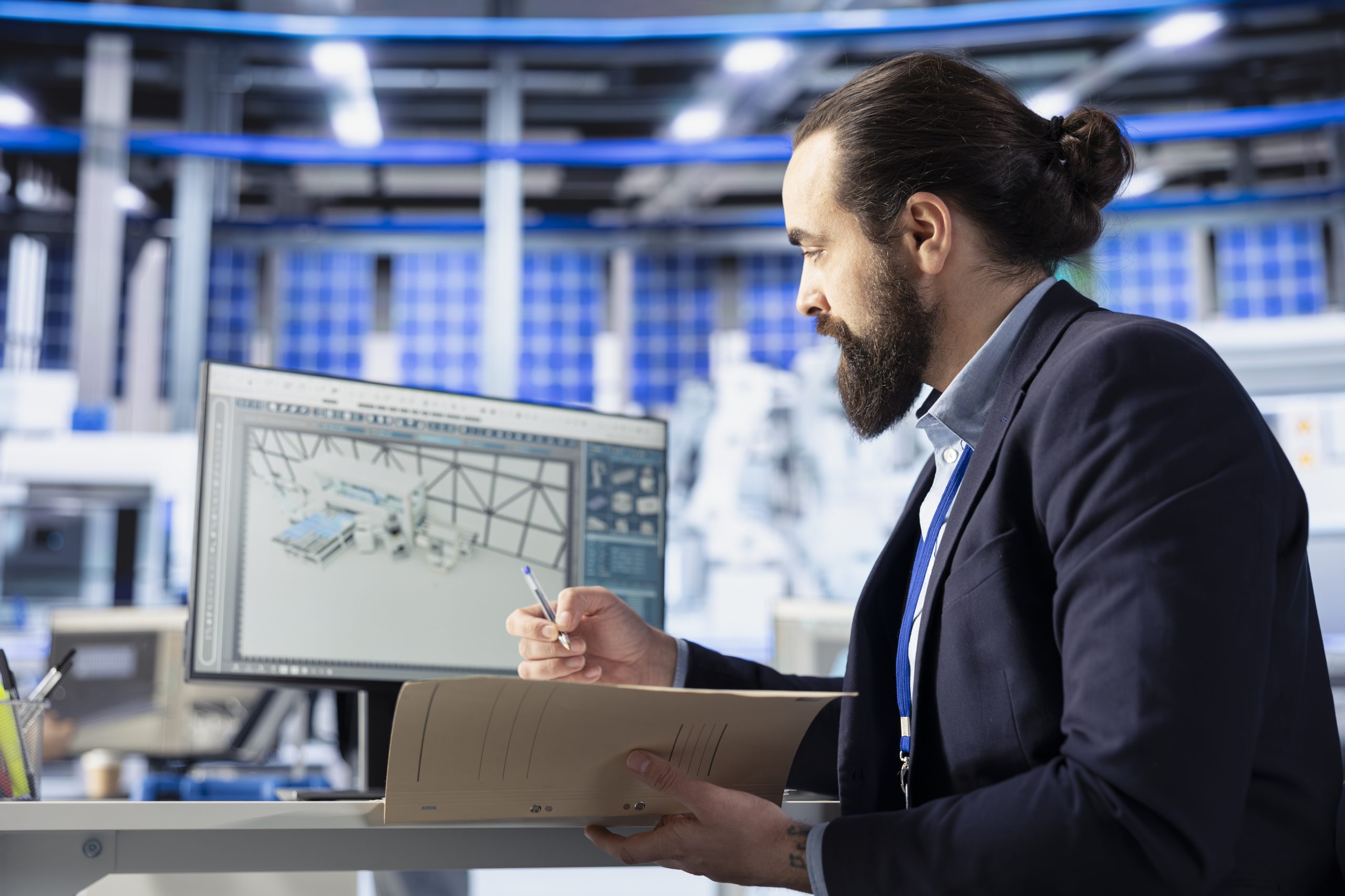 Inspectors in photovoltaics factory reviewing performance of solar panels assembly lines, reading paperwork. Supervisor inspecting solar plant machinery, looking over documentation files